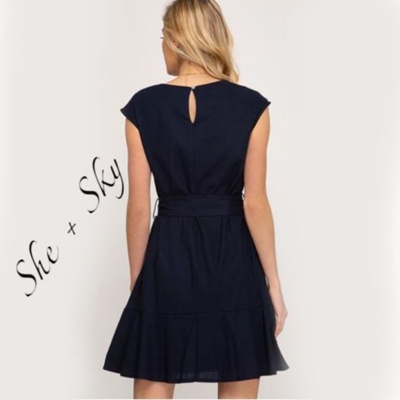 Navy Drop Shoulder V-Neck Dress Flounce Hem Sash - Picture 2 of 6